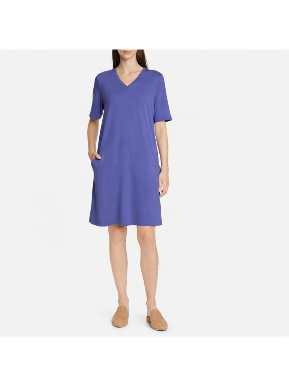 Eileen Fisher Women's V-Neck T-Shirt Dress Purple S Short Sleeve Stretch Cotton